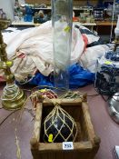 Three glass fishing net floats, pasta storage jar etc