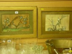 Pair of vintage Oriental silk paintings of birds