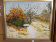 LENA CALLISTER oil on board - titled 'Heswall Dales in Winter', signed