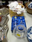 Boxed whisky set, cut glass candle stand and shade and a wicker basket of embroidered
