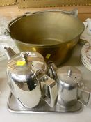 Vintage brass jam pan with iron swing handle and three items of stainless steel tableware