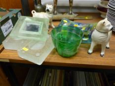 Pair of Staffs pottery pug dogs, selection of colourful glassware etc