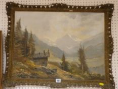 JOSEF KUGLER oil on board - alpine scene, in a swept gilt frame, (see label verso), 44 x 60 cms