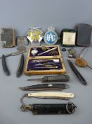 Mixed group of collectables including cut throat razors, AA and RAC badges, cased set of drawing