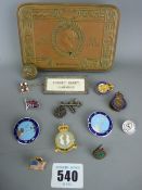 World War I 1914 Christmas tin with a collection of RAF, Civil Defence and other badges and buttons