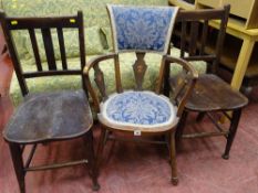 Inlaid mahogany curve back armchair and two farmhouse style chairs