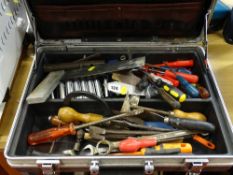 Black plastic case containing quantity of screwdrivers, sockets, spanners etc