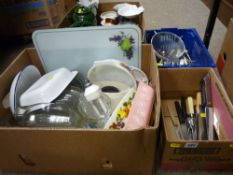 Box of Pyrex ware, box of kitchenware and vases and a mixed quantity of loose cutlery