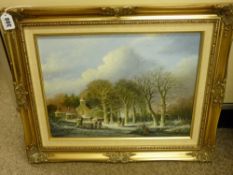 WILHELM HAYSACCAS (b. Rotterdam) oil on canvas - rural winter scene with numerous figures, signed,