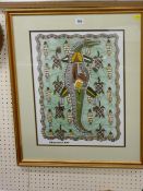 Framed Aboriginal painted woven fabric panel titled 'Crocodile Bay'