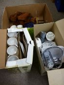 Boxed Swann food processor, twenty piece dinner set (boxed, unchecked), a blue pottery butter dish