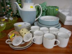 Two Royal Doulton 'Coffee Time' cups and saucers, seven white and gilt examples by Harmony Fine