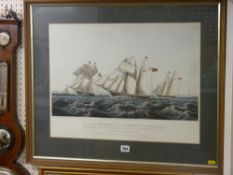Framed tinted engraving of the Waterford Line Schooners, 'Alexander', 'Martha' and 'Rapid'