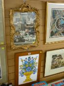 Framed group of six ceramic tiles showing a campana pot of flowers and a gilt framed wall mirror