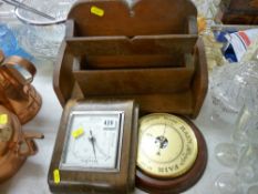 Two vintage style wall barometers, an oak book rack and a homemade wooden letter rack