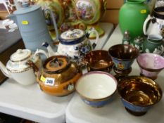 Four vintage teapots and a small collection of copper lustre goblets and bowls