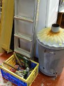 Galvanized incinerator bin, set of aluminium steps and a crate of small hand tools etc