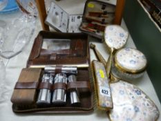 Vintage dressing table mirror and brush set and three cased travel manicure sets