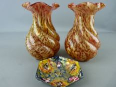 Pair of cranberry swirl glass vases and a colourful enamel decorated bowl