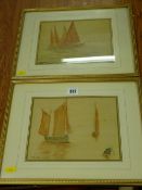 ABRAHAM HULK watercolours, a pair - sailing boats, 18 x 23 cms