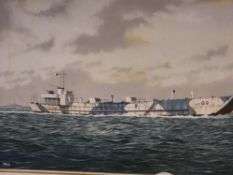 GEORGE T BROWN oil on canvas - camouflage naval vessel at sea, 44 x 59 cms