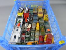 Plastic crate of playworn diecast and other vehicles