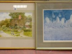 Unsigned watercolour - study of a thatched cottage with children to the foreground, titled 'Elmlea