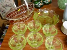 Uranium glass sundae set and a ruby glass and EP fruit basket
