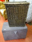 Modern upholstered blanket box and a wicker linen basket