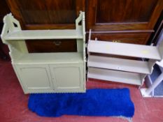 Edwardian painted two shelf wall cabinet, an open three shelf example and a blue vintage woollen