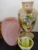 Victorian hand painted milk glass vase, an Art Deco ribbed example and a vaseline glass jug and