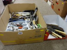 Box of loose cutlery and kitchen knives and implements