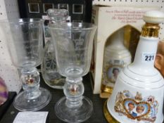 Sealed Bell's Whisky commemorative bottle, another Bell's Whisky bottle, two commemorative etched