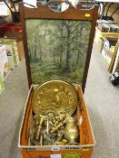 Box of collectable brassware and an oak framed embroidered firescreen