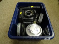 Box of camera equipment, CD players, tape recorders etc