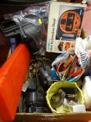 Box of garage items including jump lead, 6m extension reel, warning triangle etc E/T
