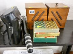 Mini cantilever sewing box and contents, a camera unipod, a set of 8x30 cased binoculars and three