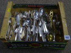 Box containing large parcel of good white metal cutlery, brass spoons etc