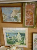 R WINTZ two framed prints - coastal village cottages and a framed Oriental silk needlework panel