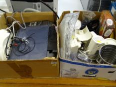 Two boxes containing mainly kitchen electrical items, Epson printer and Glenn electric heater E/T
