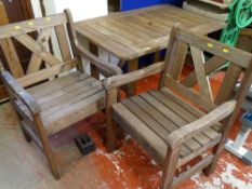 Wooden slatted garden bench and two substantial garden chairs