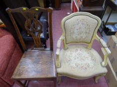 French style painted armchair with tapestry style upholstery and an oak antique farmhouse chair with