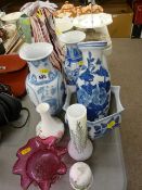 Cranberry glass bowl, an art glass vase and one other with a selection of modern Oriental blue and