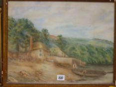 PERCY FRENCH ? - rowing boat at shore with figures, 33 x 43 cms