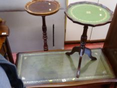 Glass topped Long John coffee table with tooled leather effect insert, a similar style wine table