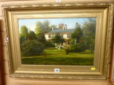 Confident oil on board - country house with viewing tower in a garden setting
