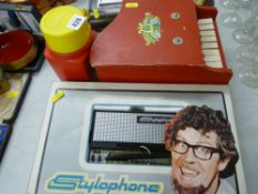 Toy piano, Snoopy children's flask and a boxed Rolf Harris Stylophone