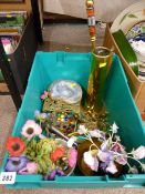 Crate of vintage brassware and other collectables