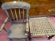 Antique child's farmhouse armchair and a string topped footstool