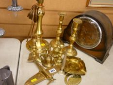 Collection of vintage and other brassware and an oak cased vintage mantel clock